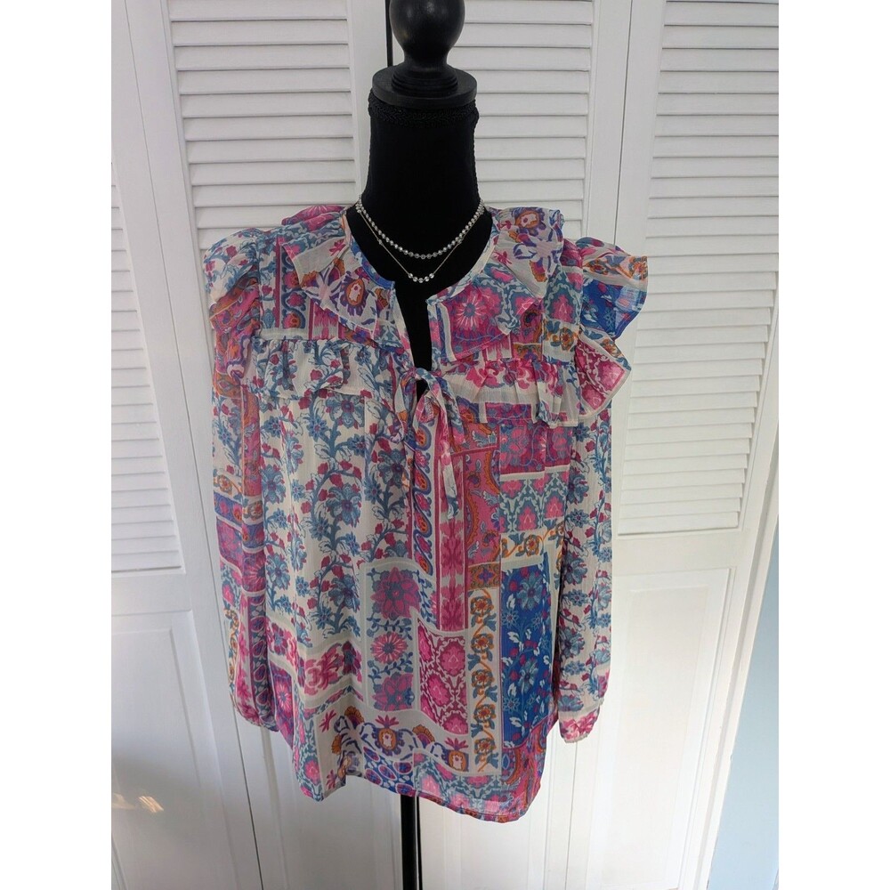 Stella + Ginger Top Women's S Multi Ruffle Sheer Floral Boho Hippie Blouse NEW